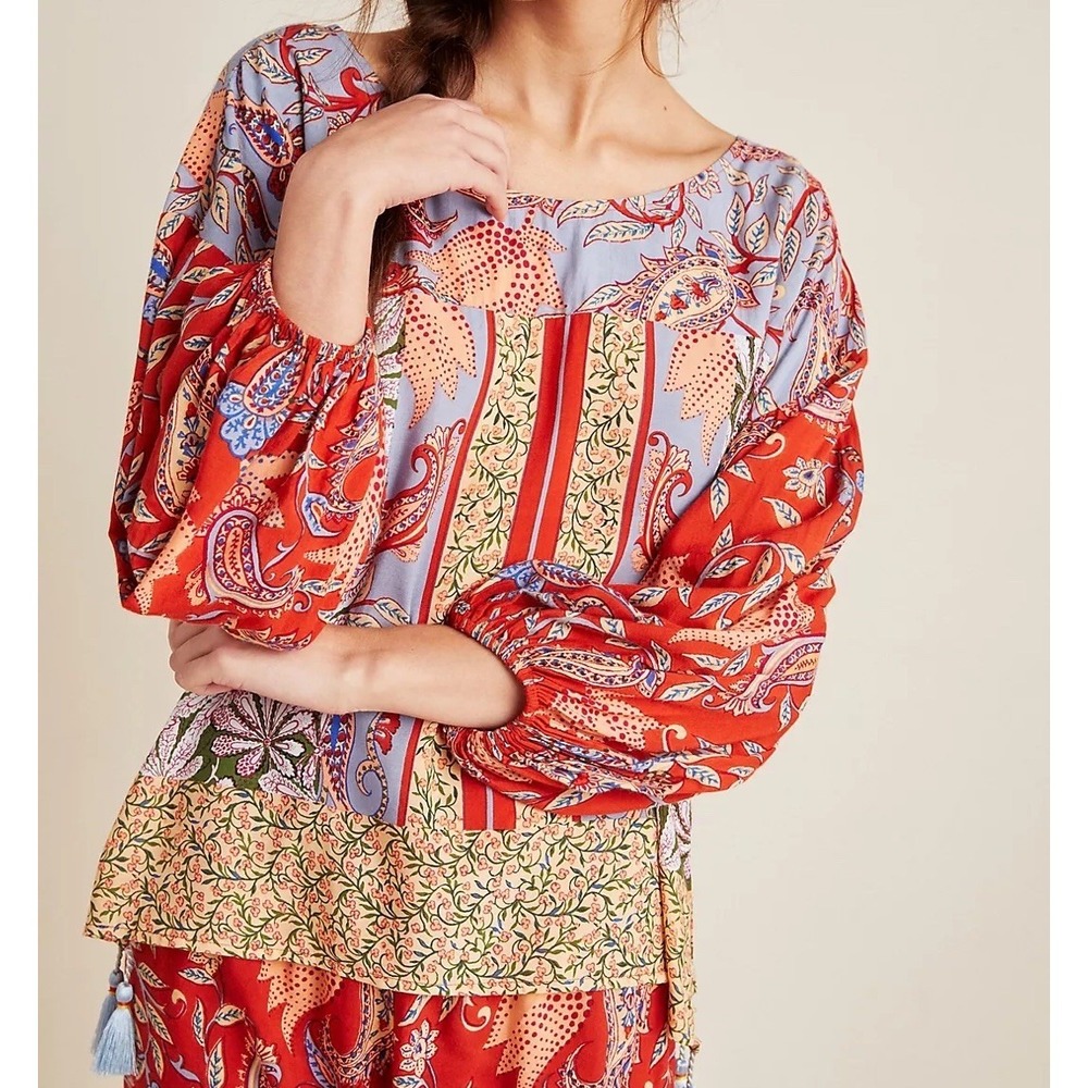 Anthropologie‎ Sonrisa Blouse Womens Large Boho Peasant Patchwork Tassle Cottage